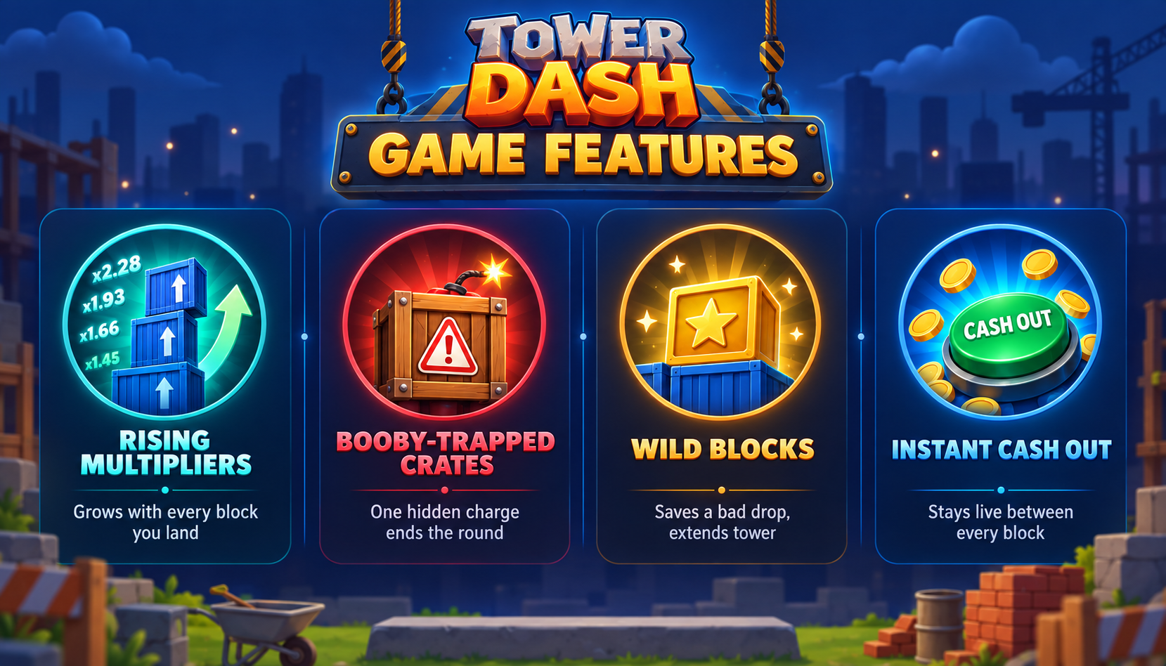 Funzioni di Tower Dash - Rising Multipliers, Booby-Trapped Crates, Wild Blocks e Instant Cash Out